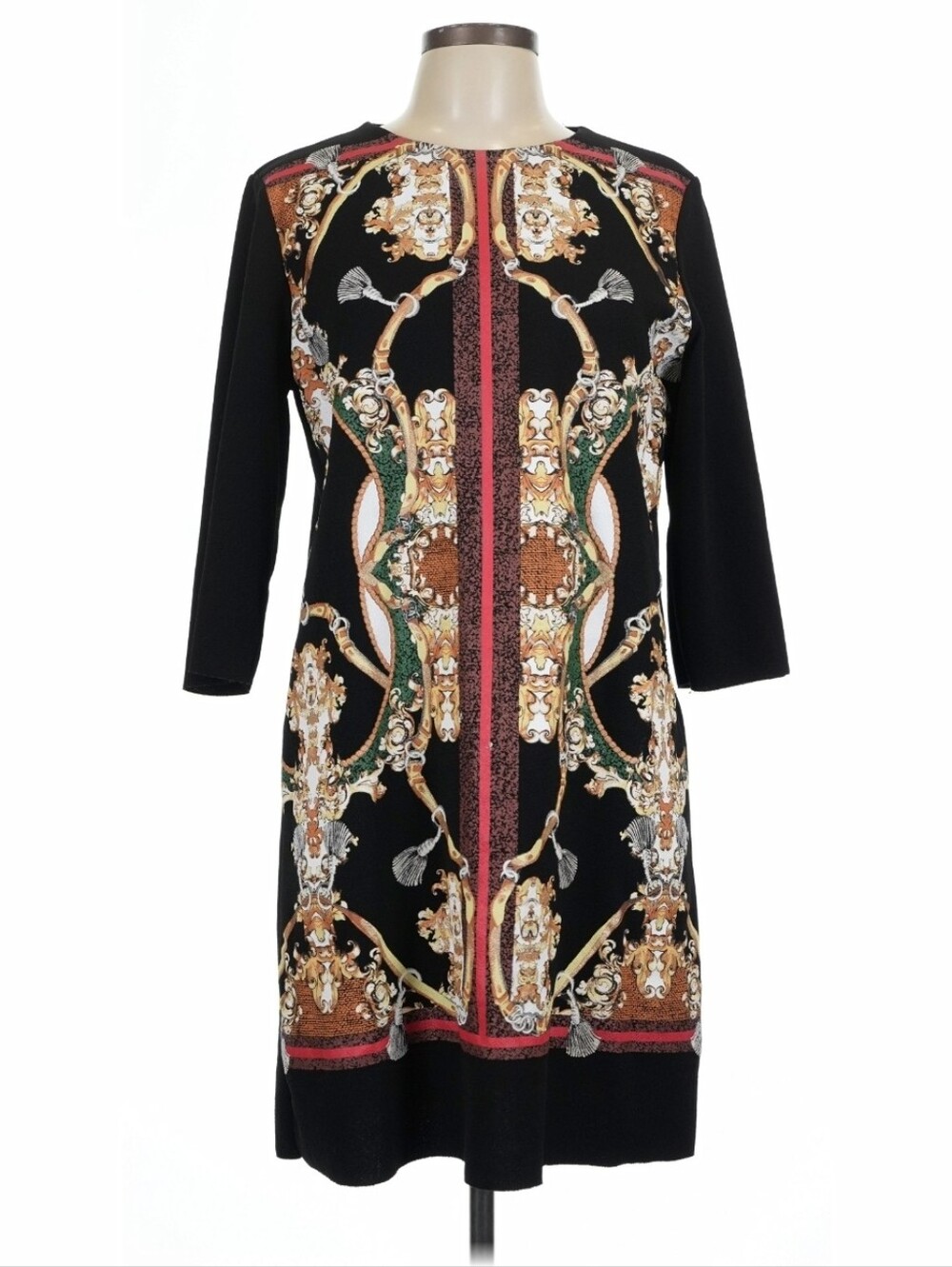 ZARA Black Green Red Paisley Stretch 3/4 Sleeve Tunic Shift Dress Small